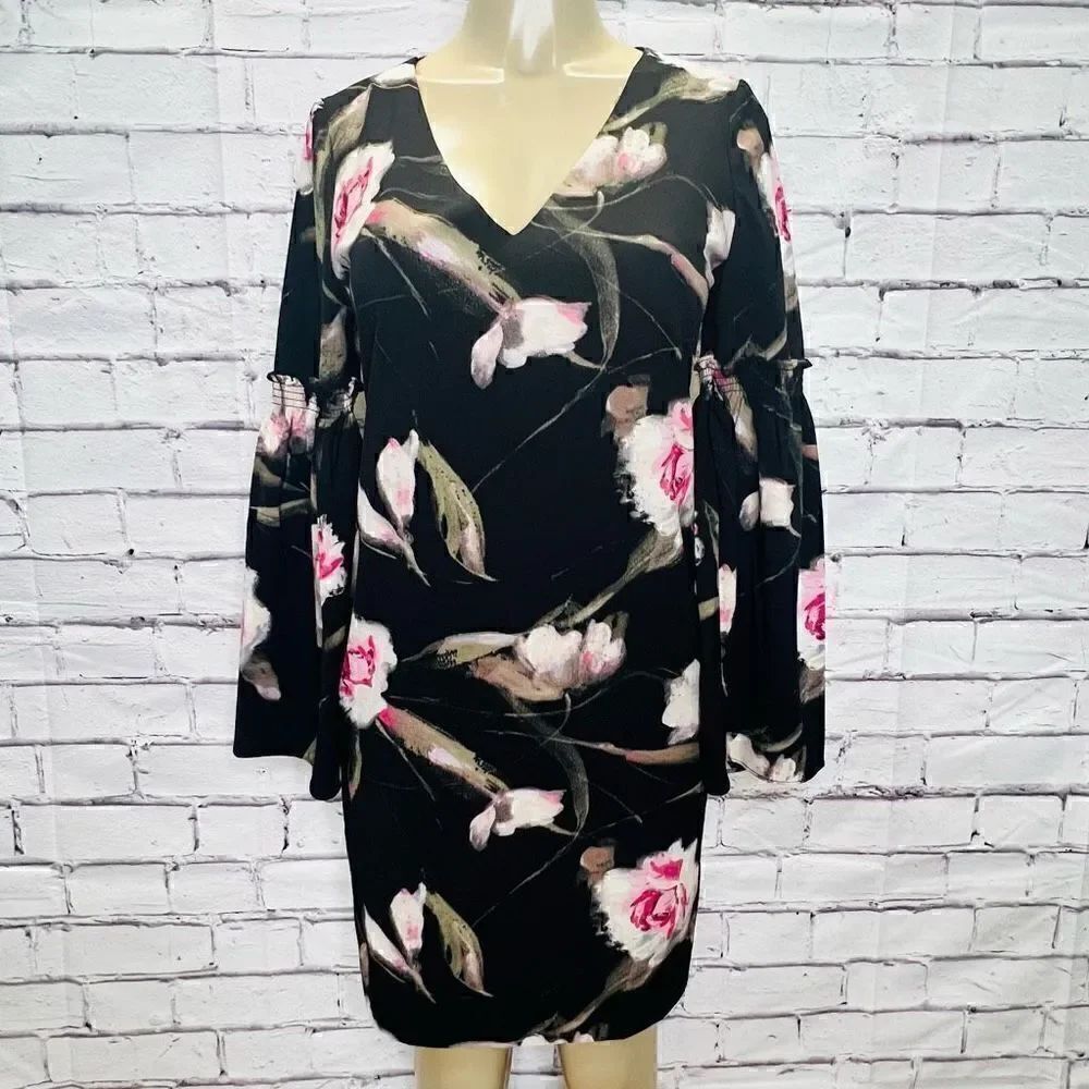 White House Black Market Womens Black Bell Sleeve Floral Shift Dress Size 2